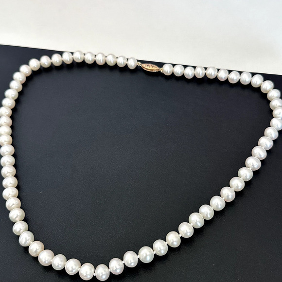 14K Yellow Gold Genuine Real 7MM Cream Pearls Hand Knotted Strand Necklace 18" - Picture 6 of 14